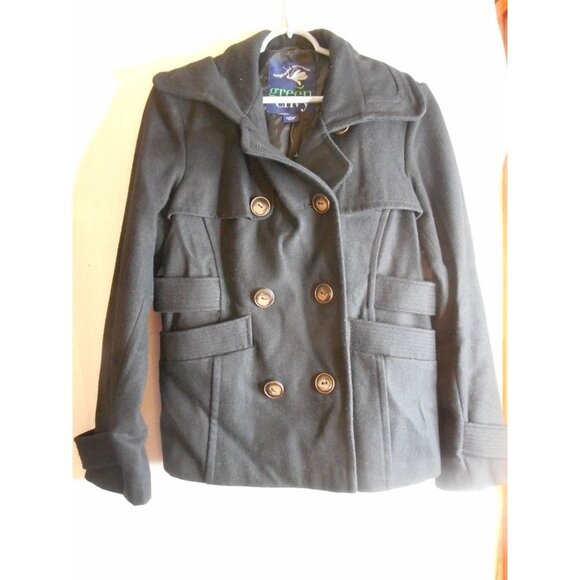 Black wool blend Pea Coat  Size L Green with Envy Double breasted - Picture 1 of 3